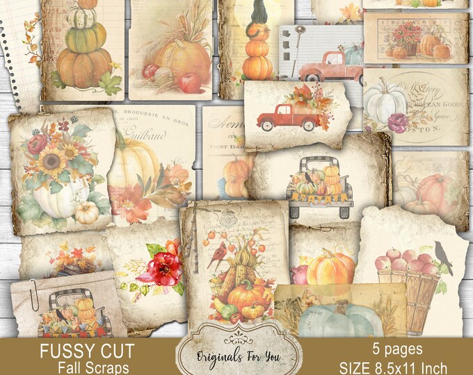 Fussy Cut Fall Scraps, Autumn, Printable Digital Download, Note, Junk Journal, Stickers, Bullet Journal, Pumpkins, Planner, Vintage