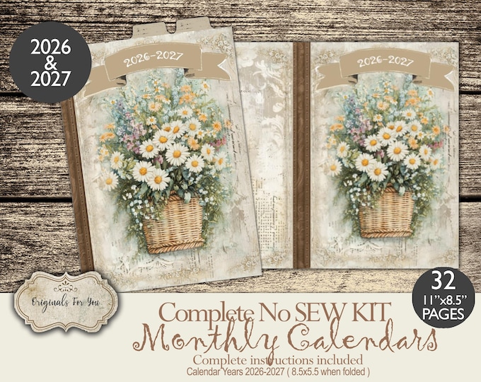 Printable CALENDARS 2026-2027 Planner Folio, Year at a glance, Digital Ephemera Pack, Junk Journal Folder, Insert Add on Pack, Perpetual