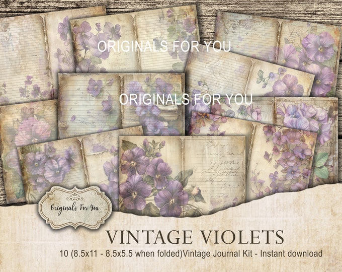 VINTAGE VIOLETS Shabby Junk Journal Kit digital download, Vintage, Printable, Digital Download