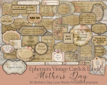 MOTHERS DAY Words & Phrases Vintage Ephemera, Cards, Labels, Junk Journal Fussy Cut Clusters