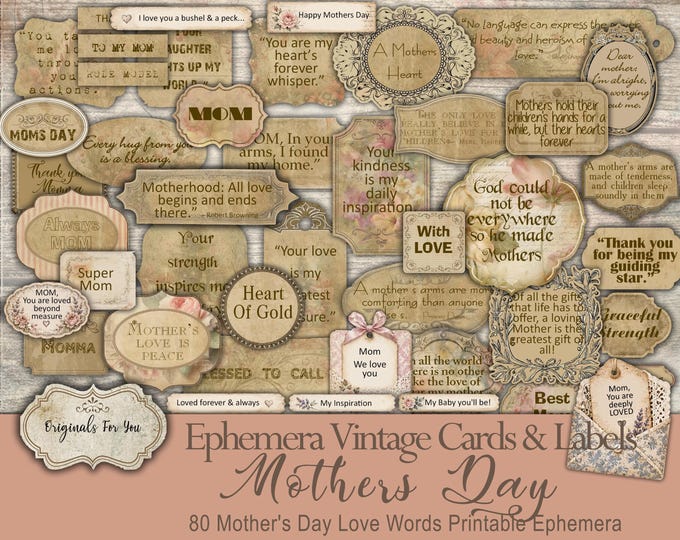 MOTHERS DAY Words & Phrases Vintage Ephemera, Cards, Labels, Junk Journal Fussy Cut Clusters