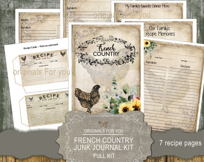 French Country Farmhouse Recipe Junk Journal Digital Download