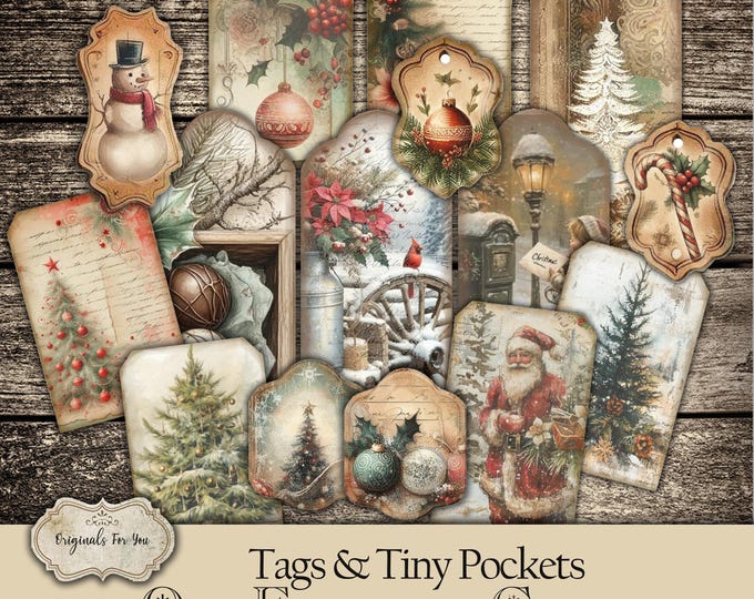 Old Fashioned Christmas Tags and tiny pockets, printable, Digital, Junk Journal Ephemera, vintage