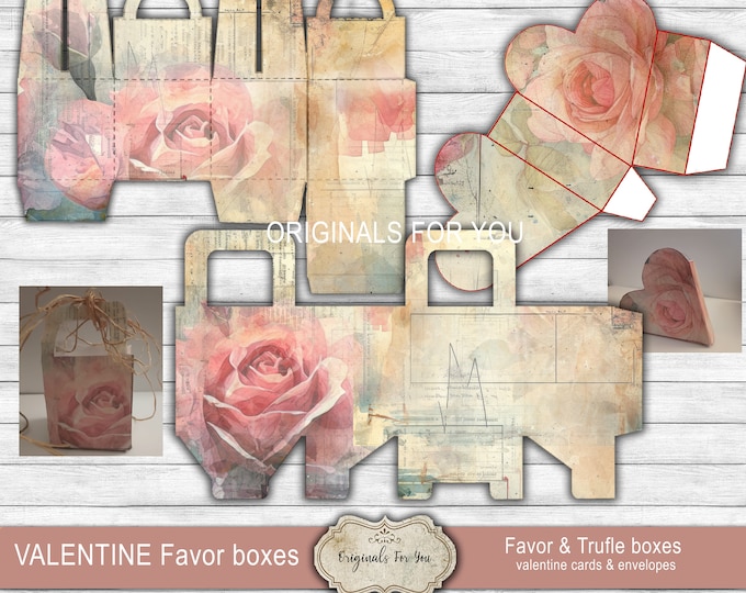 Beautiful watercolor-style Valentine Vintage Rose images make up these beautiful Favor & Truffle Boxes. VALENTINE Printable Cards