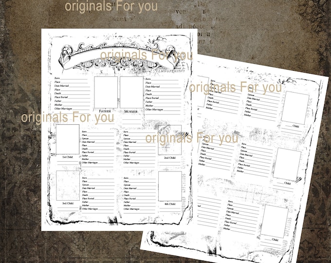 Family Tree Download Print Black and White Junk Journal, Family Tree Kit, Scrapbook, Genealogy, Printable, Digital Download, vintage