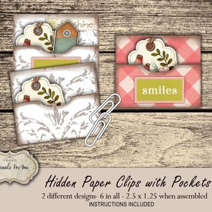 Hidden PAPER CLIPS with POCKETS for Junk Journals, papers and Books, &quot;Pink Buffalo Print & sweet white&quot; use for book markers or tabs