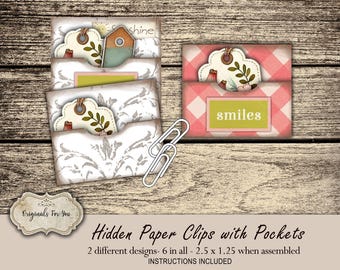 Hidden PAPER CLIPS with POCKETS for Junk Journals, papers and Books, "Pink Buffalo Print & sweet white" use for book markers or tabs