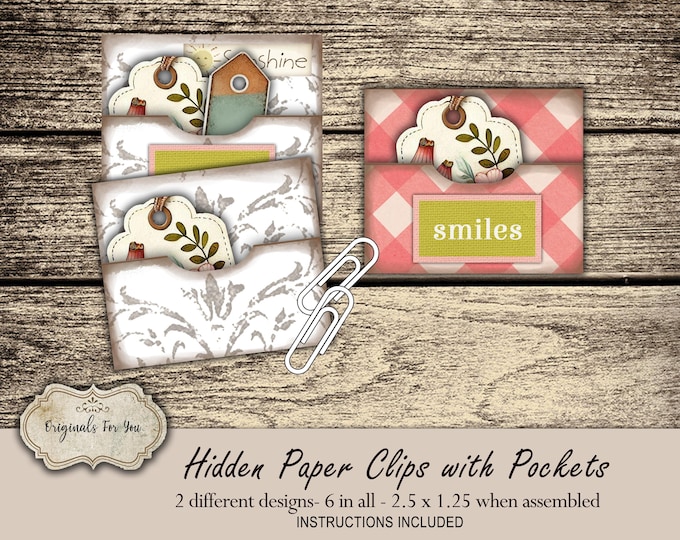 Hidden PAPER CLIPS with POCKETS for Junk Journals, papers and Books, "Pink Buffalo Print & sweet white" use for book markers or tabs