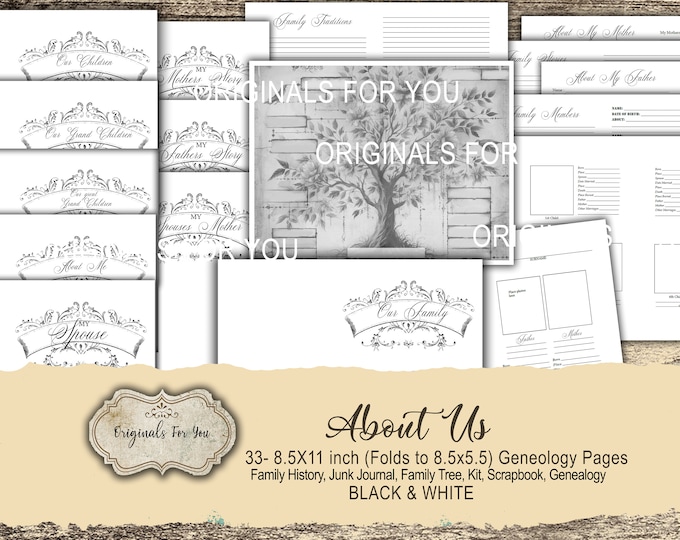 Family History, ALL About Us Junk Journal, Family Tree, Genealogy Kit, Scrapbook, Genealogy, Black and White, Printable, Digital Download