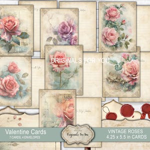 Printable VALENTINE Cards, Vintage Roses, shabby chic, Watercolor, Digital Download, Envelopes, Collage Sheet, Valentine Day, scrapbooking
