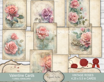 Printable VALENTINE Cards, Vintage Roses, shabby chic, Watercolor, Digital Download, Envelopes, Collage Sheet, Valentine Day, scrapbooking