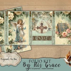 Puede incluir: Un kit folio de estilo vintage con ilustraciones de ángel, cruz y Biblia. El diseño presenta colores suaves, detalles florales y el texto "Originals For You" y "By His Grace". El kit incluye una ilustración de paloma y es de descarga instantánea.