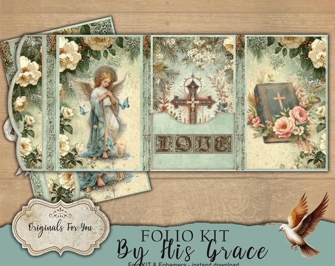 Vintage "By His Grace" Folio Kit - Junk Journal Papers, Shabby, Printable, Digital Download, ephemera