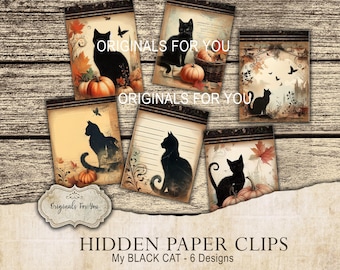 HIDDEN PAPER CLIPS for Junk Journals, papers and Books, "My Black Cat" use for book markers or tabs