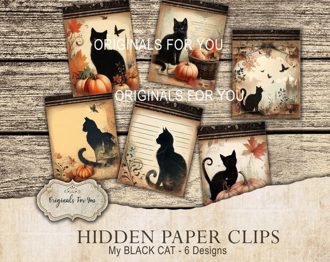 HIDDEN PAPER CLIPS for Junk Journals, papers and Books, "My Black Cat" use for book markers or tabs