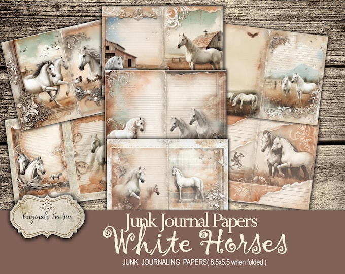 WHITE HORSES Junk Journal Papers, Vintage Journaling Kit, equestrian, Horse Ephemera, Tags, Digital Download, Junk Journaling, Western