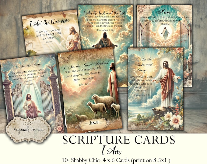 SHABBY CHIC Christian "I Am" Printable Scripture CARDS, Junk Journal cards, Digital Download, Printable Bible Verses, Prayer Cards