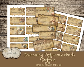 COFFEE - JOURNALING WORDS, Embellishments for Junk Journals, Printable Junk Journaling Words, Ephemera, dictionary words, Junk Journal Words