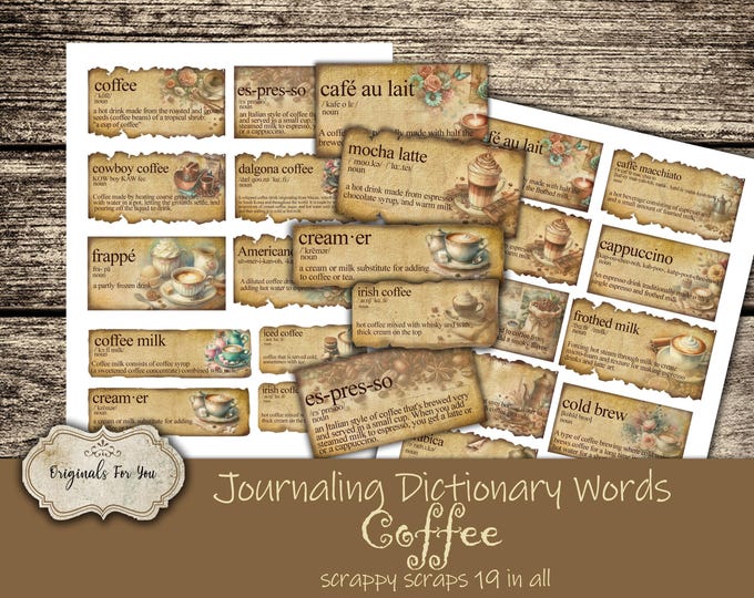 COFFEE - JOURNALING WORDS, Embellishments for Junk Journals, Printable Junk Journaling Words, Ephemera, dictionary words, Junk Journal Words