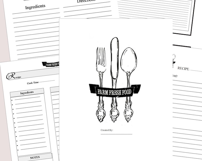 FARMHOUSE Blank Printable Recipe Notebook, Large 8.5x11" Recipe book
