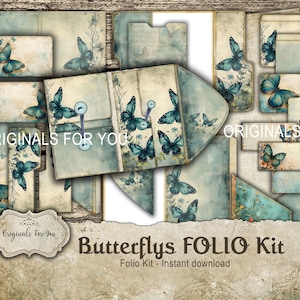 Vintage BUTTERFLYS Folio Kit - Junk Journal Papers, Shabby, stampabile, Download digitale, Farfalle