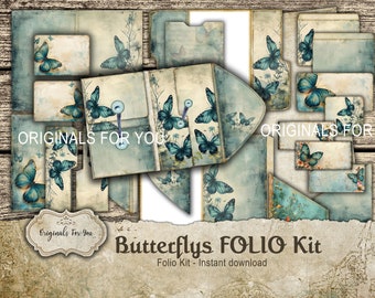 Vintage BUTTERFLYS Folio Kit - Junk Journal Papers, Shabby, Utskrivbar, Digital Nedladdning, Fjärilar