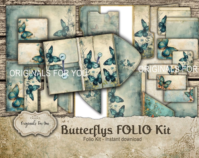Vintage BUTTERFLYS Folio Kit - Junk Journal Papers, Shabby, Printable, Digital Download, Butterflys