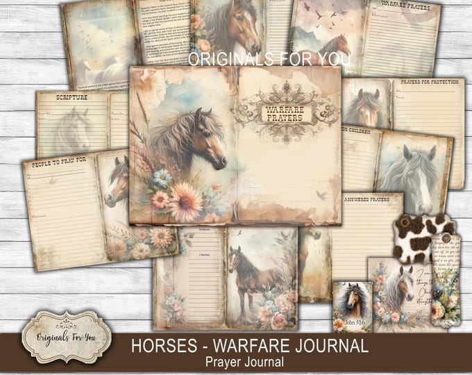 WARFARE JOURNAL - Horses, equestrian, prayer journal, Vintage HORSES Kit - Junk Journal Papers, Shabby, Printable, Digital Download