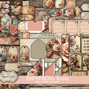 Vintage Roses- Ephemera, Floral, junk journal, shabby chic, antique, tags, pockets, labels, download and print