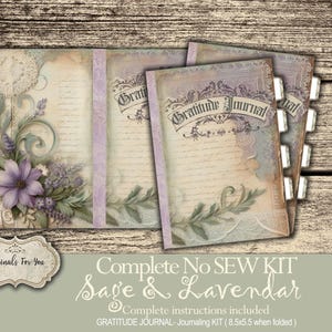 May include: A complete no-sew kit for a gratitude journal with a sage and lavender theme. The kit includes a journal cover with a floral design and the text "Gratitude Journal".