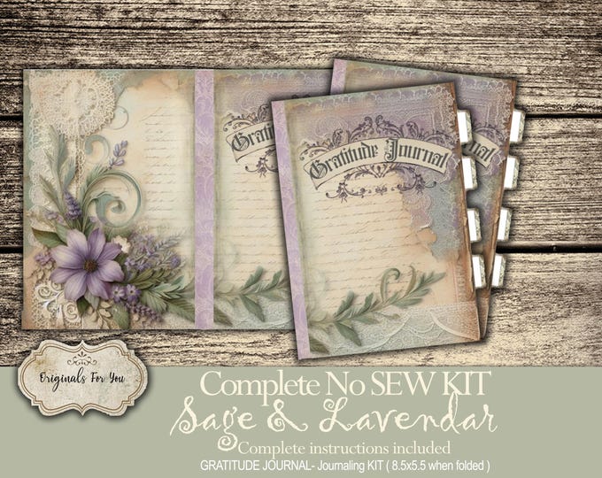 NO SEW KIT- Printable Christian Gratitude Journal kit, Shabby Chic Sage and Lavender, Collage Sheet, Digital Download, Printable
