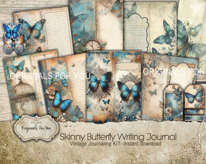SKINNY BUTTERFLY WRITING Journal, Vintage, Shabby Chic, Antique, Junk Journal