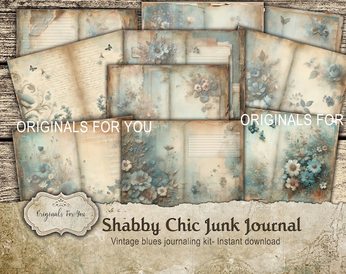SHABBY CHIC "Vintage Blue" Junk Journal kit, Collage Sheet, Digital Download, Printable, tags, ephemera, bookmarks, pockets