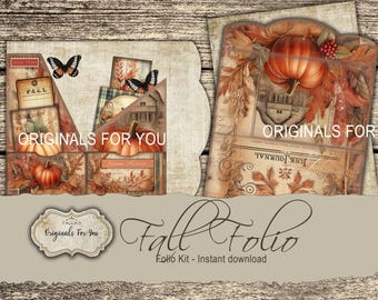 Vintage FALL Folio Kit - Junk Journal Papers, Shabby, Printable, Digital Download, pumpkins, fall folio