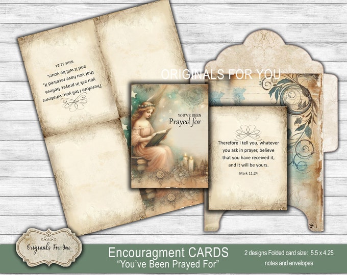 Encouragement Note Cards -"You've Been Prayed For" Scripture printed inside, 2 designs. Collage Sheet, Digital Download, Printable
