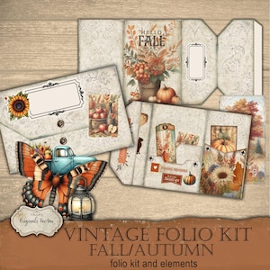 Op de afbeelding: Vintage folio kit met herfst/herfst thema. De kit bevat decoratieve papieren elementen met illustraties van pompoenen, zonnebloemen, appels en een vlinder met een vrachtwagen. De tekst "HELLO FALL" is zichtbaar.