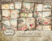 Vintage antique digital junk journal papers, "WATERMELON WINE" background, digital journal, printable scrapbook paper, ephemera collage