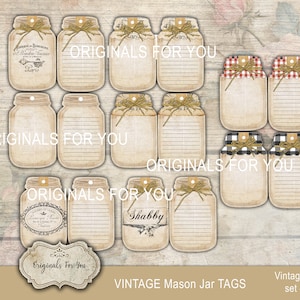 May include: Set of 16 vintage mason jar tags with various designs, including gingham, shabby chic, and a key with the text "Garden Treasures". The tags are printed on a textured paper with a distressed look.