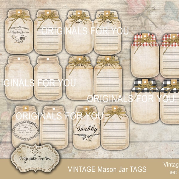 SHABBY CHIC Vintage Mason Jar Tags - Junk Journal, TAGS, Pages, Vintage, Shabby, Backing, Printable, Digital Download