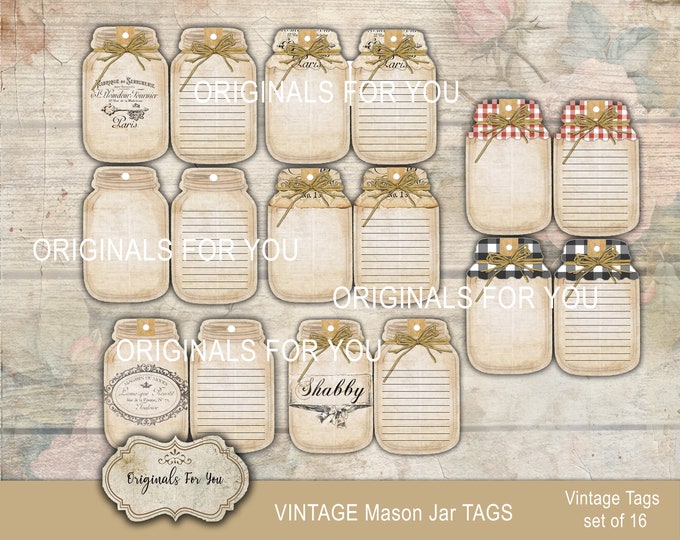 SHABBY CHIC Vintage Mason Jar Tags - Junk Journal, TAGS, Pages, Vintage, Shabby, Backing, Printable, Digital Download