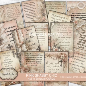 Könnte beinhalten: Ein Satz von 10 rosa und weißen druckbaren Schriftkarten mit Spitzen- und Blumenakzenten. Die Karten zeigen Zitate über Heilung und Glauben. Die Karten sind 10,16 cm x 15,24 cm groß.