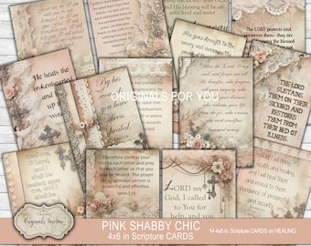 SHABBY CHIC Pink Christian Printable Scripture cards on HEALING, Collage Sheet, Digital Download, Printable Bible Verses, Prayer Cards