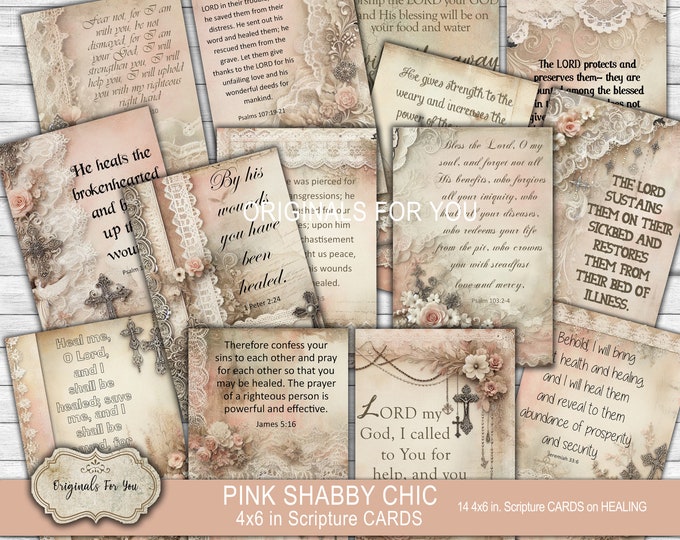 SHABBY CHIC Pink Christian Printable Scripture cards on HEALING, Collage Sheet, Digital Download, Printable Bible Verses, Prayer Cards