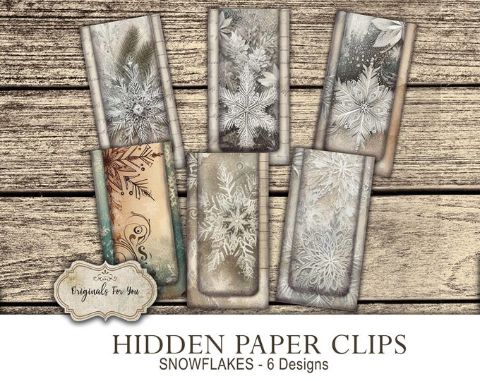 Snowflakes, HIDDEN PAPER CLIPS for Junk Journals, Shabby Chic, papers and Books, use for book markers or tab
