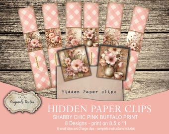 HIDDEN PAPER CLIPS for Junk Journals, papers and Books, "Shabby Chic Pink Buffalo Print" use for book markers or tabs