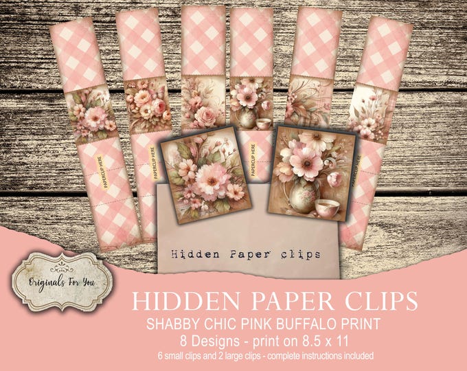 HIDDEN PAPER CLIPS for Junk Journals, papers and Books, "Shabby Chic Pink Buffalo Print" use for book markers or tabs