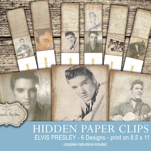 May include: Six printable designs featuring Elvis Presley images for use as hidden paper clips. Each design is 8.5 inches by 11 inches.