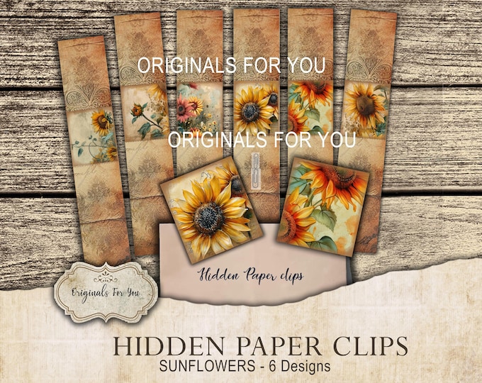 HIDDEN PAPER CLIPS for Junk Journals, papers and Books, "Sunflowers" use for book markers or tabs