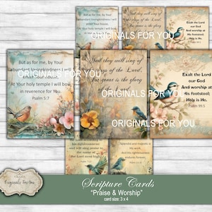 May include: A collection of "Praise & Worship" scripture cards, each 3x4 inches, featuring floral and bird illustrations. The cards display Bible verses in elegant fonts, with a vintage aesthetic. The text "Originals For You" is also visible.