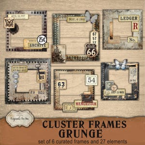May include: A collection of six grunge-style cluster frames with vintage elements. Each frame features a unique design with aged paper, stamps, and decorative accents. The frames include text such as "Archive", "Route 66", and dates.